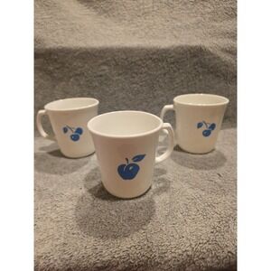 3 Coffee Cups White Blue Apple & Cherry EVE Pattern Corning Corelle Microwave OK